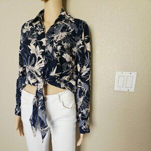 Panama Jack Women’s XS Blouse Linen Blend  Floral Blue Long Sleeve Waist Tie